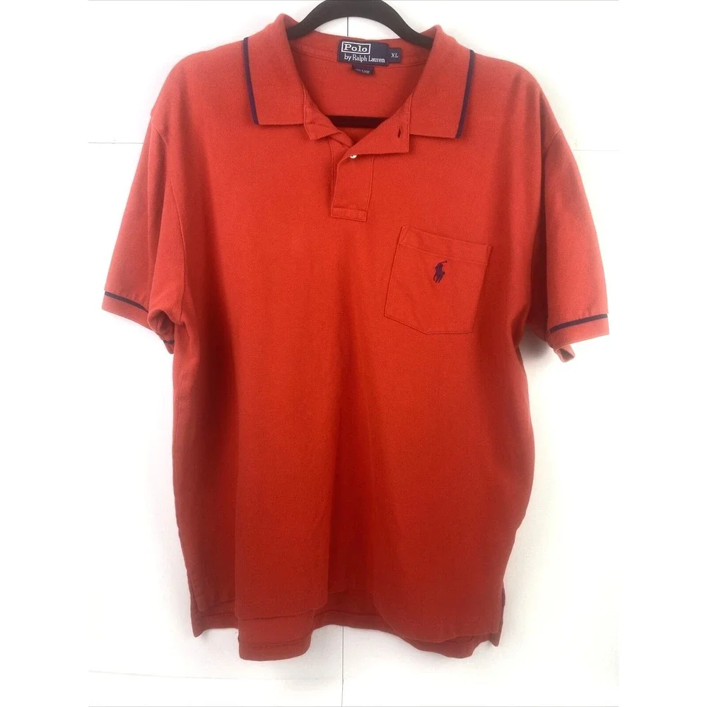 POLO Ralph Lauren Men's XL Red Short Sleeve Polo Blue Pony Striped Sleeve/Collar